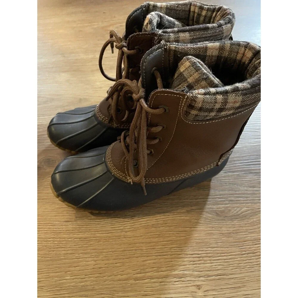Sporto Genuine Leather Duck Boots Brown/Black Plaid Preppy Lace-Up US 7